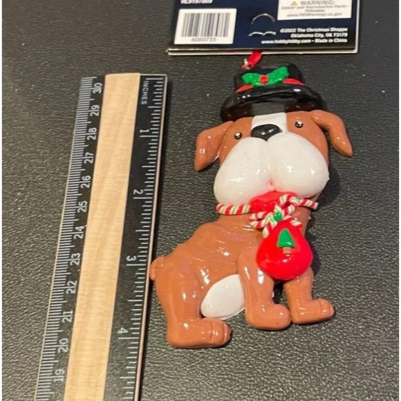 Bulldog Dog Puppy Brown Top Hat Christmas Holiday Ornament Polymer Clay NEW - Picture 3 of 3
